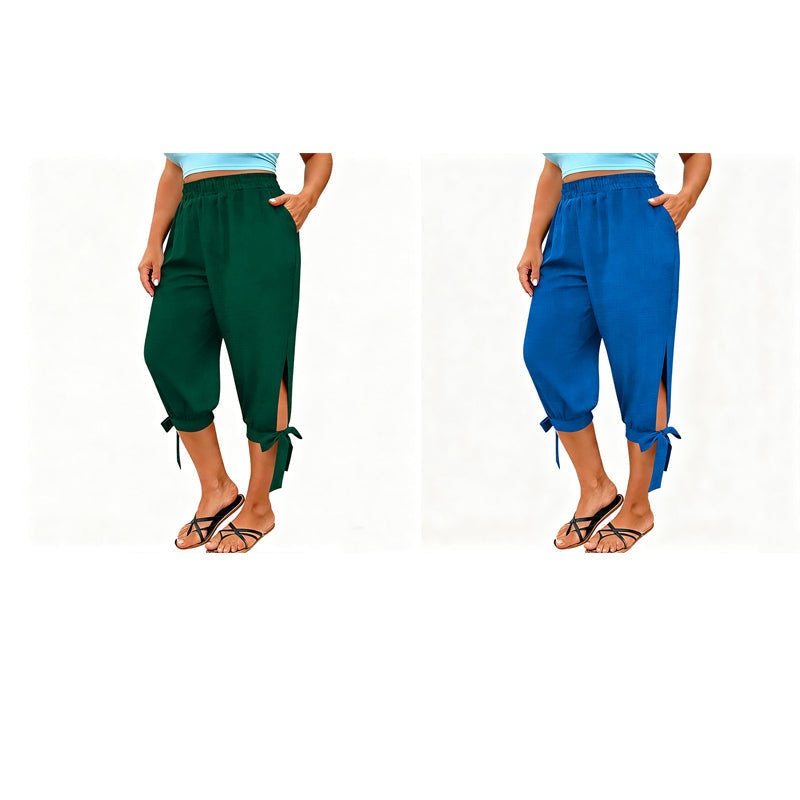 👖 OFFRE LIMITÉE : 50 % DE RÉDUCTION ! ✨ Pantalon Capri femme à taille élastique – Respirant, extensible, détail noué sur le côté 🌿