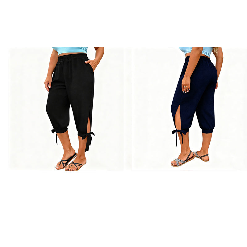 👖 OFFRE LIMITÉE : 50 % DE RÉDUCTION ! ✨ Pantalon Capri femme à taille élastique – Respirant, extensible, détail noué sur le côté 🌿