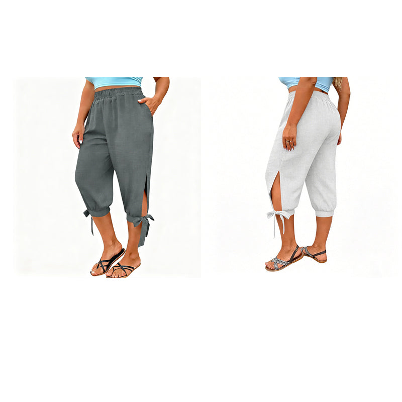 👖 OFFRE LIMITÉE : 50 % DE RÉDUCTION ! ✨ Pantalon Capri femme à taille élastique – Respirant, extensible, détail noué sur le côté 🌿