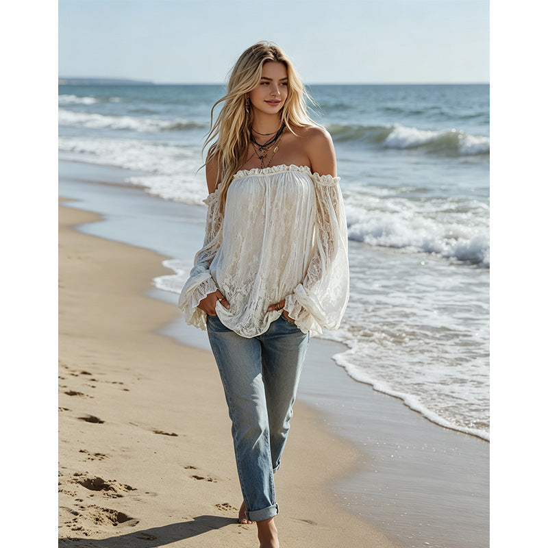🌸 PROMO LIMITÉE 50% DE RÉDUCTION ! ✨ Bustier en Dentelle – Transparent, Manches Amples, Bohème ☀️