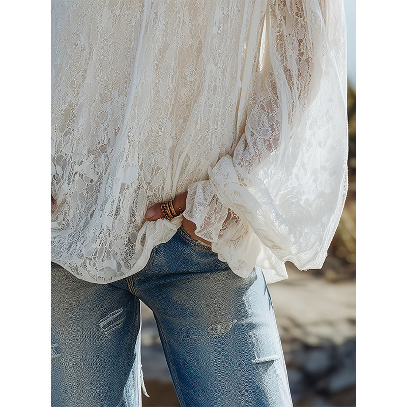 🌸 PROMO LIMITÉE 50% DE RÉDUCTION ! ✨ Bustier en Dentelle – Transparent, Manches Amples, Bohème ☀️