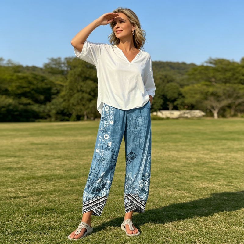 Pantalon large pour femme, imprimé floral rétro, respirant et confortable