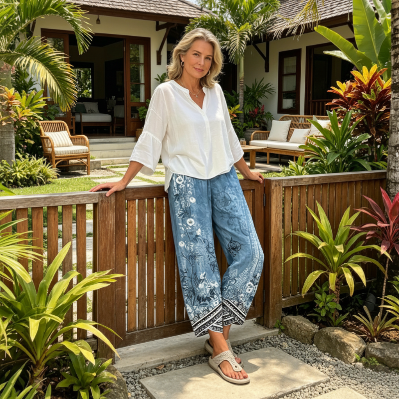 Pantalon large pour femme, imprimé floral rétro, respirant et confortable