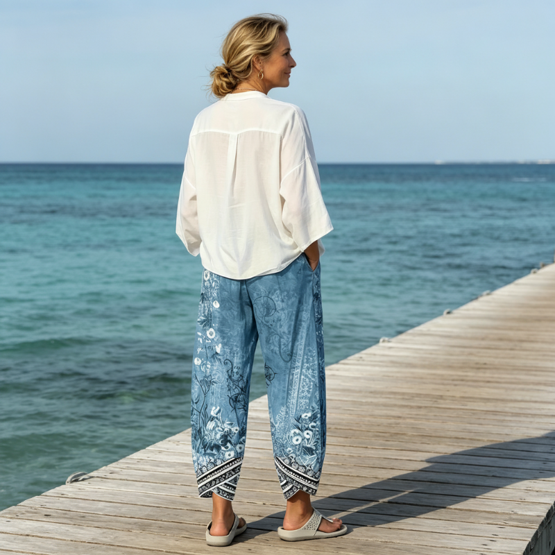 Pantalon large pour femme, imprimé floral rétro, respirant et confortable