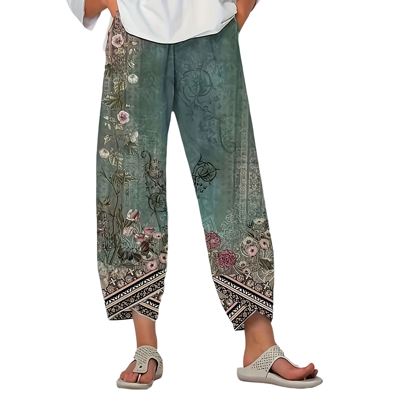 Pantalon large pour femme, imprimé floral rétro, respirant et confortable