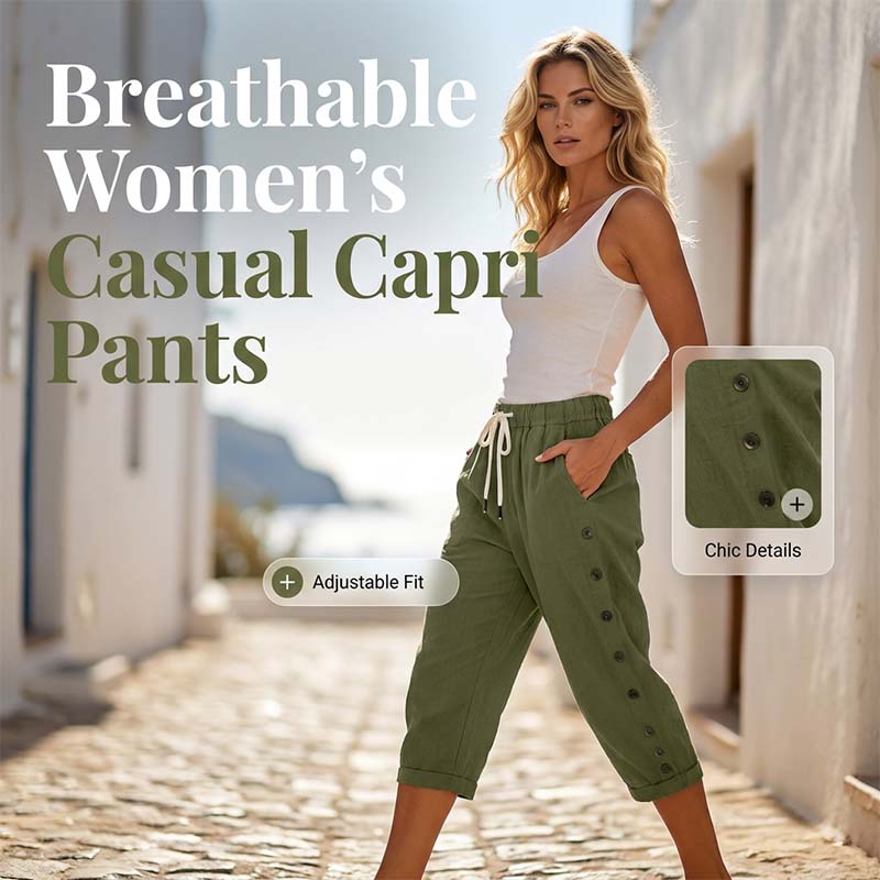 👖 Pantalon capri décontracté pour femme avec boutons sur le côté – style décontracté, coupe confortable et polyvalent – idéal au quotidien, à la plage et en voyage