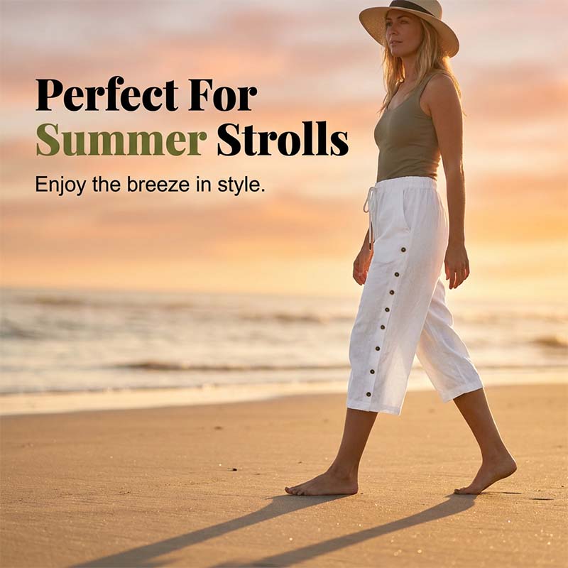 👖 Pantalon capri décontracté pour femme avec boutons sur le côté – style décontracté, coupe confortable et polyvalent – idéal au quotidien, à la plage et en voyage