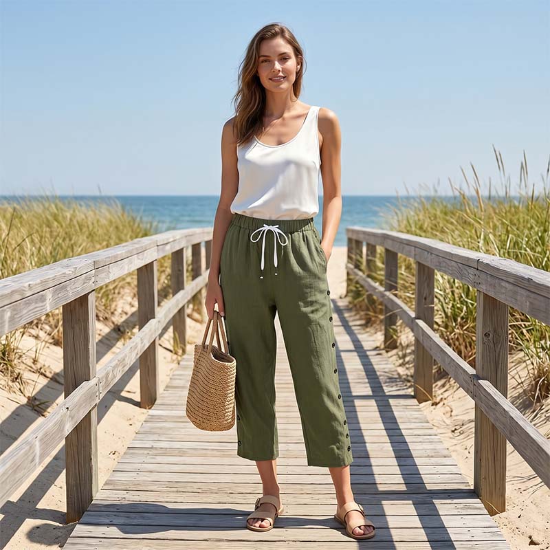 👖 Pantalon capri décontracté pour femme avec boutons sur le côté – style décontracté, coupe confortable et polyvalent – idéal au quotidien, à la plage et en voyage