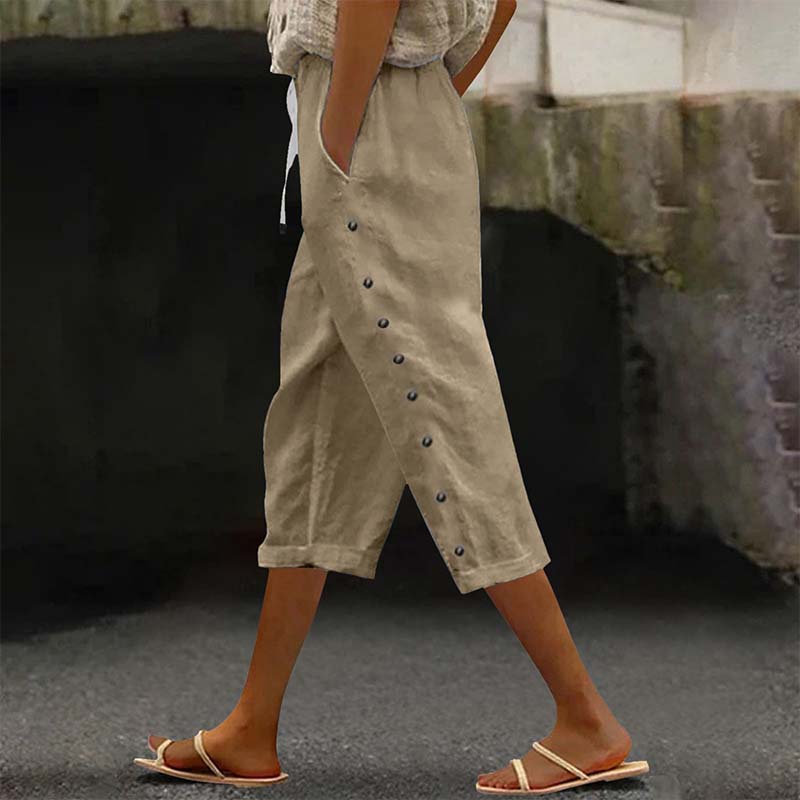 👖 Pantalon capri décontracté pour femme avec boutons sur le côté – style décontracté, coupe confortable et polyvalent – idéal au quotidien, à la plage et en voyage