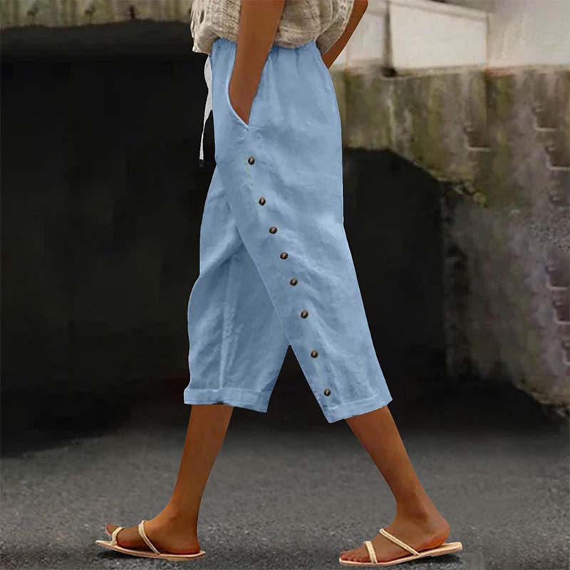 👖 Pantalon capri décontracté pour femme avec boutons sur le côté – style décontracté, coupe confortable et polyvalent – idéal au quotidien, à la plage et en voyage