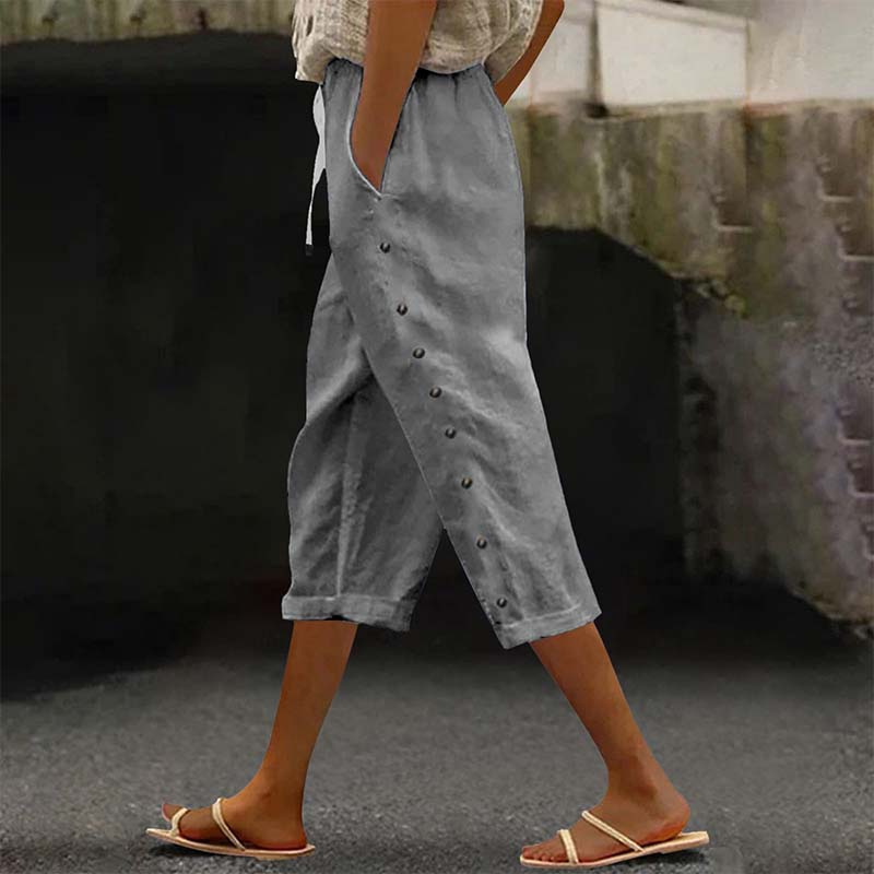 👖 Pantalon capri décontracté pour femme avec boutons sur le côté – style décontracté, coupe confortable et polyvalent – idéal au quotidien, à la plage et en voyage
