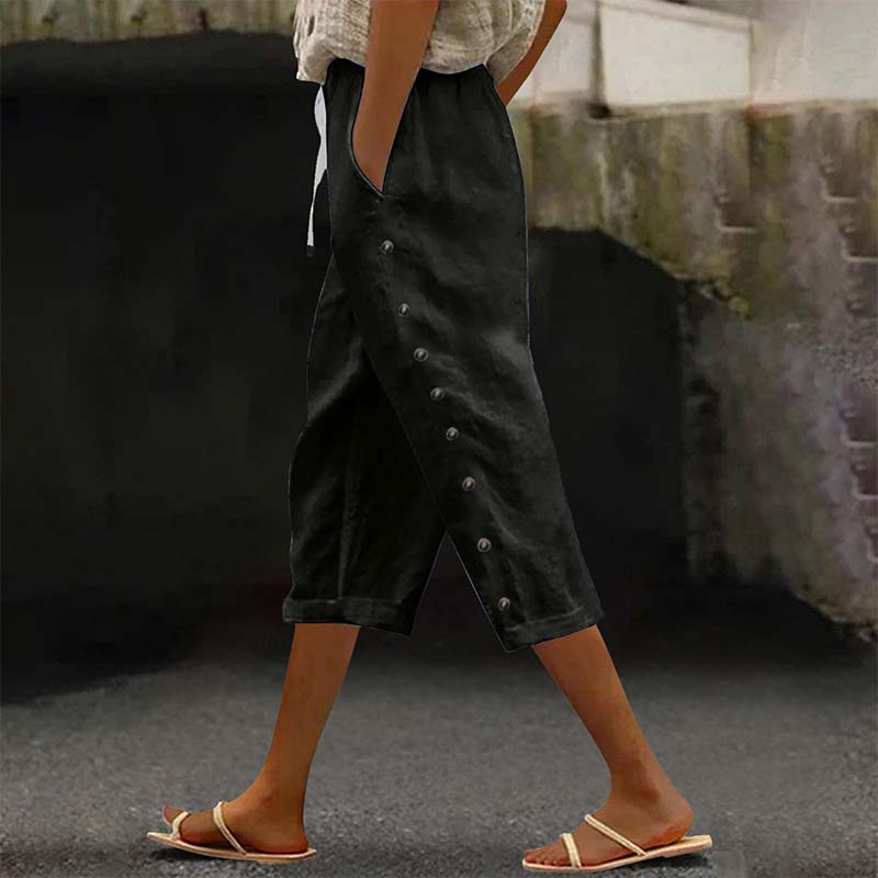 👖 Pantalon capri décontracté pour femme avec boutons sur le côté – style décontracté, coupe confortable et polyvalent – idéal au quotidien, à la plage et en voyage