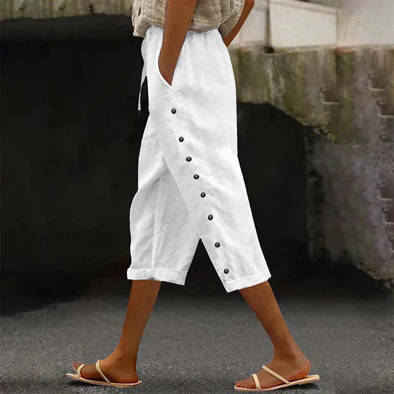 👖 Pantalon capri décontracté pour femme avec boutons sur le côté – style décontracté, coupe confortable et polyvalent – idéal au quotidien, à la plage et en voyage