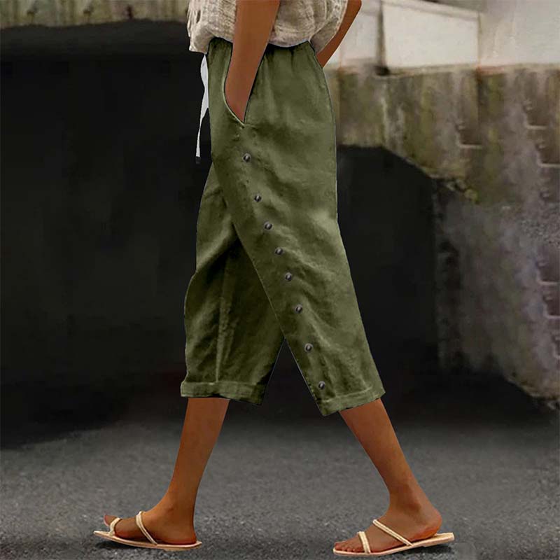 👖 Pantalon capri décontracté pour femme avec boutons sur le côté – style décontracté, coupe confortable et polyvalent – idéal au quotidien, à la plage et en voyage