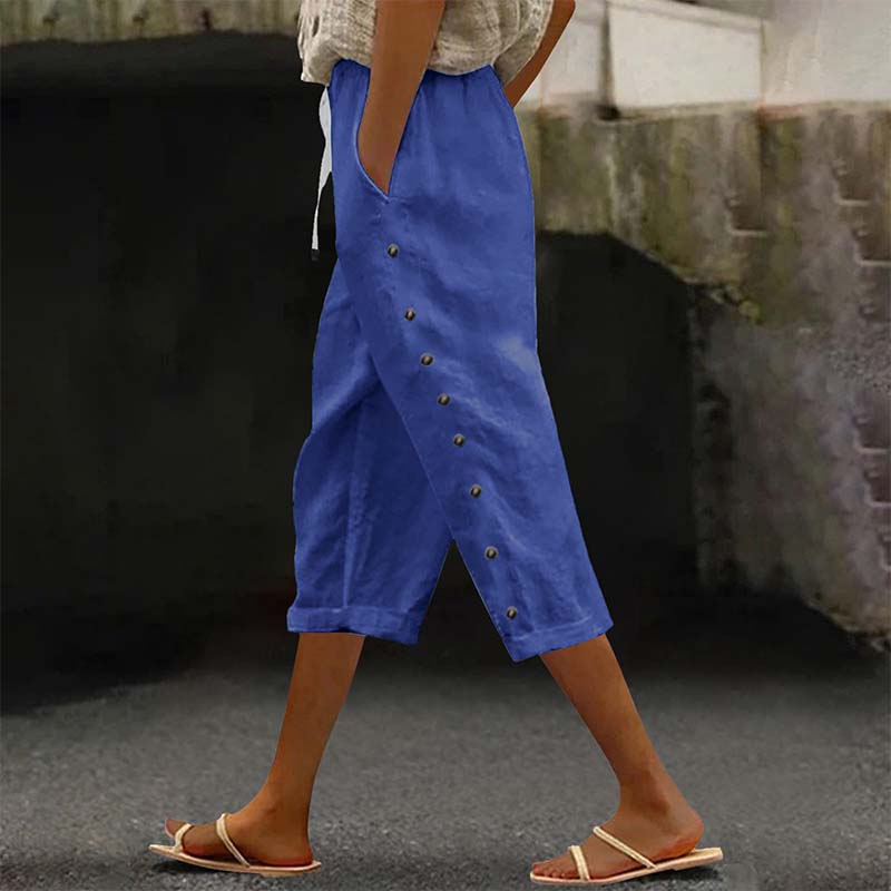 👖 Pantalon capri décontracté pour femme avec boutons sur le côté – style décontracté, coupe confortable et polyvalent – idéal au quotidien, à la plage et en voyage