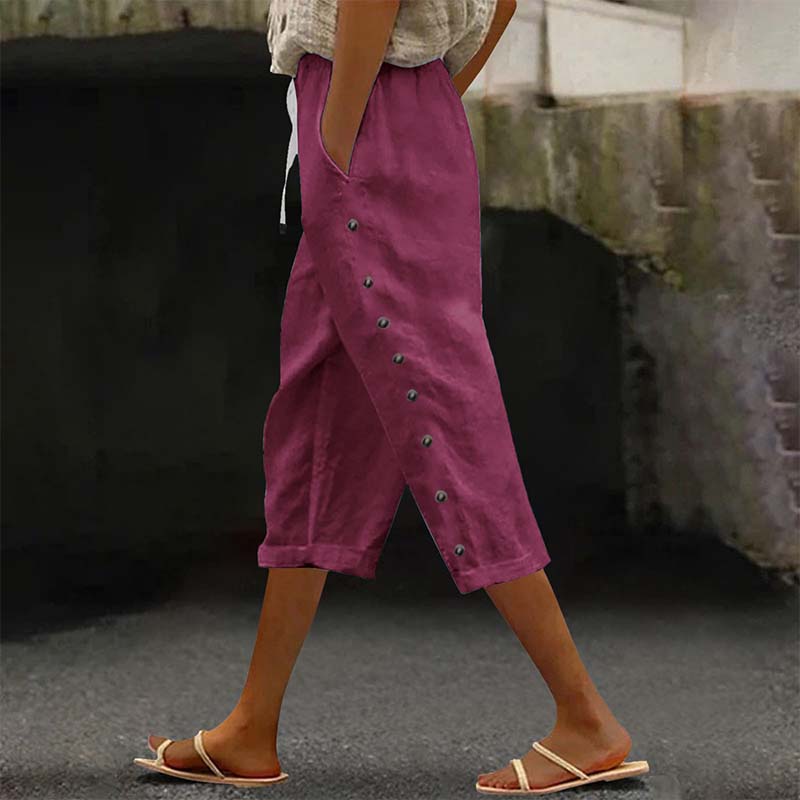 👖 Pantalon capri décontracté pour femme avec boutons sur le côté – style décontracté, coupe confortable et polyvalent – idéal au quotidien, à la plage et en voyage