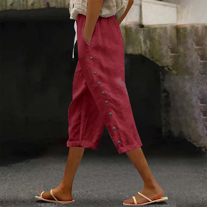 👖 Pantalon capri décontracté pour femme avec boutons sur le côté – style décontracté, coupe confortable et polyvalent – idéal au quotidien, à la plage et en voyage