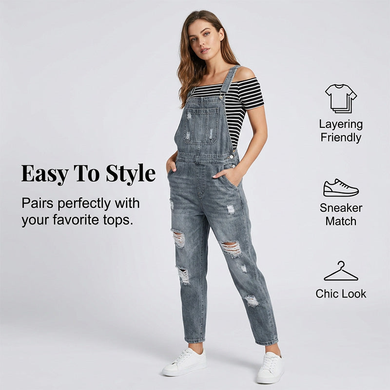 👖 Salopette Jean Femme Délavé Effet Déchiré – Combinaison Décontractée Multipoches Coupe Ample🔥-54%