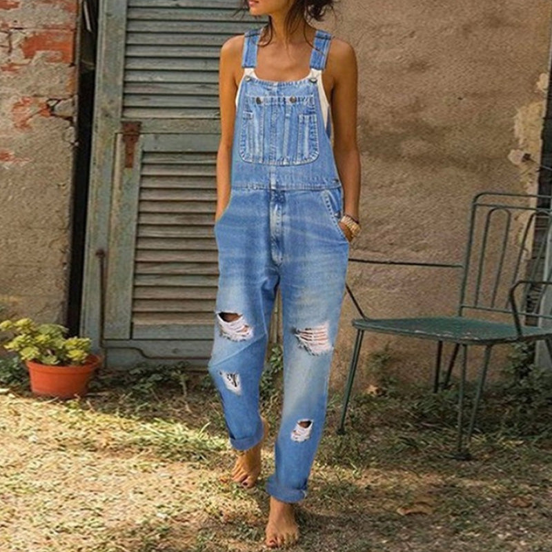👖 Salopette Jean Femme Délavé Effet Déchiré – Combinaison Décontractée Multipoches Coupe Ample🔥-54%