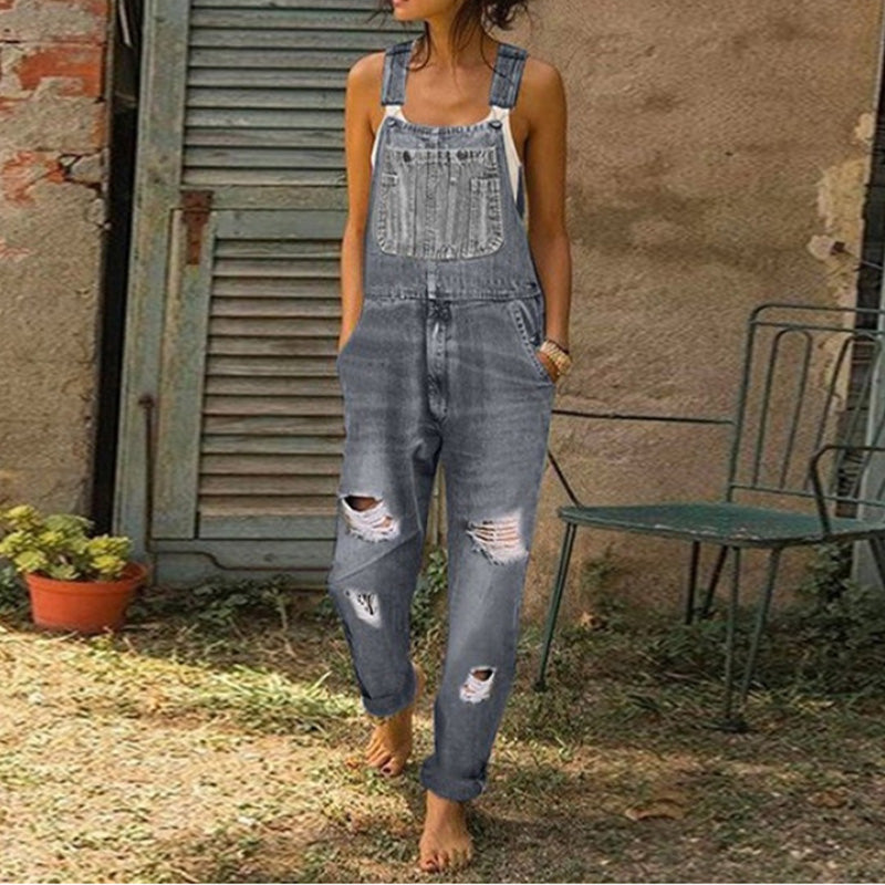👖 Salopette Jean Femme Délavé Effet Déchiré – Combinaison Décontractée Multipoches Coupe Ample🔥-54%