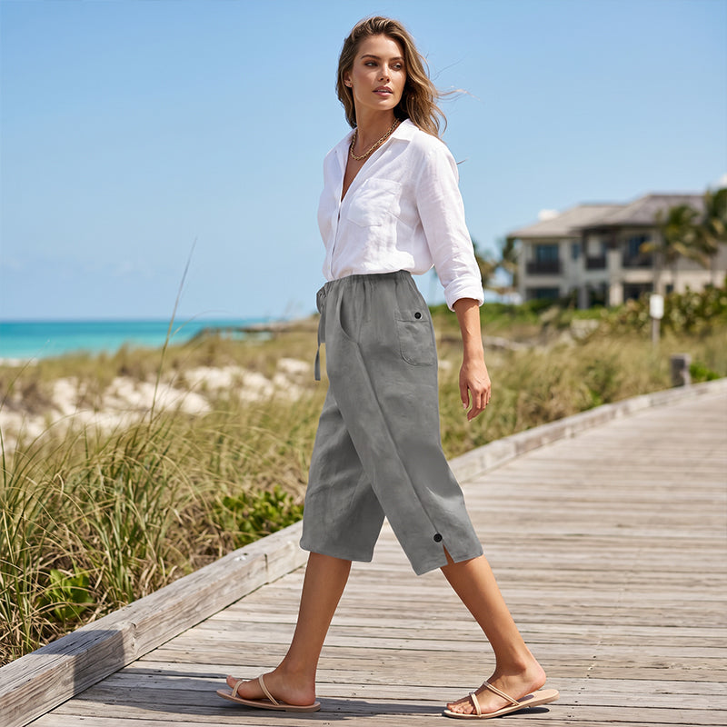 Pantalon court décontracté pour femme avec boutons décoratifs