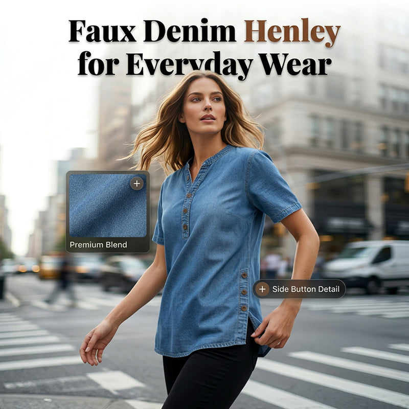 Haut décontracté effet denim femme, manches courtes, respirant, avec boutons décoratifs, coupe fluide👕