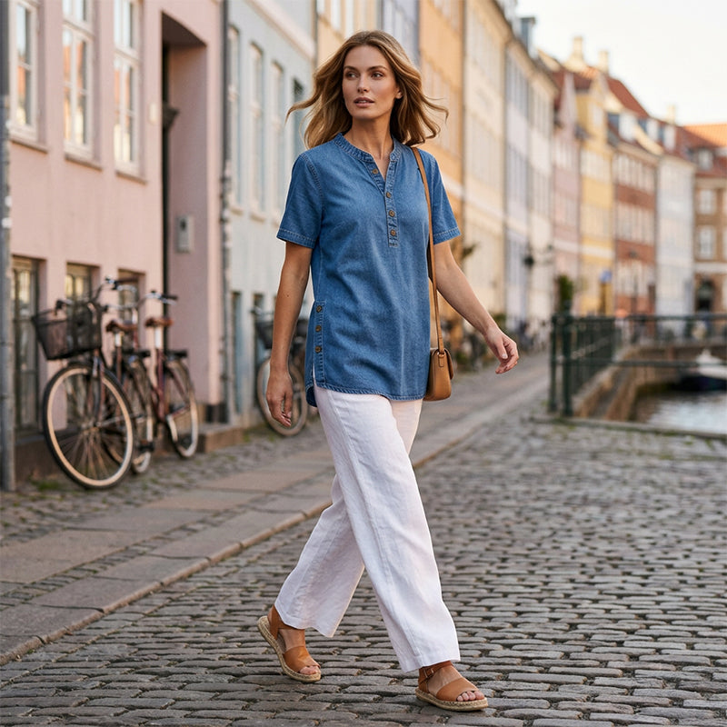 Haut décontracté effet denim femme, manches courtes, respirant, avec boutons décoratifs, coupe fluide👕