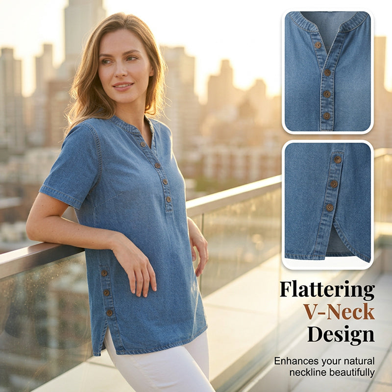 Haut décontracté effet denim femme, manches courtes, respirant, avec boutons décoratifs, coupe fluide👕