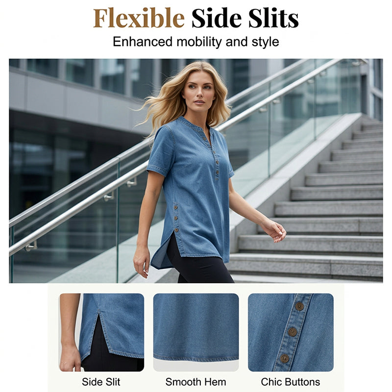 Haut décontracté effet denim femme, manches courtes, respirant, avec boutons décoratifs, coupe fluide👕