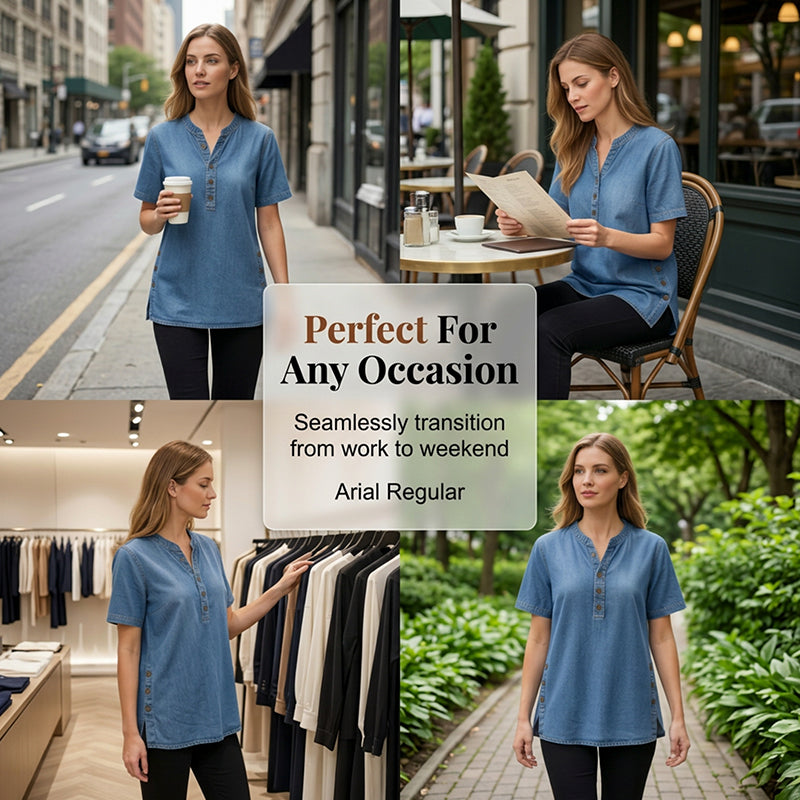 Haut décontracté effet denim femme, manches courtes, respirant, avec boutons décoratifs, coupe fluide👕