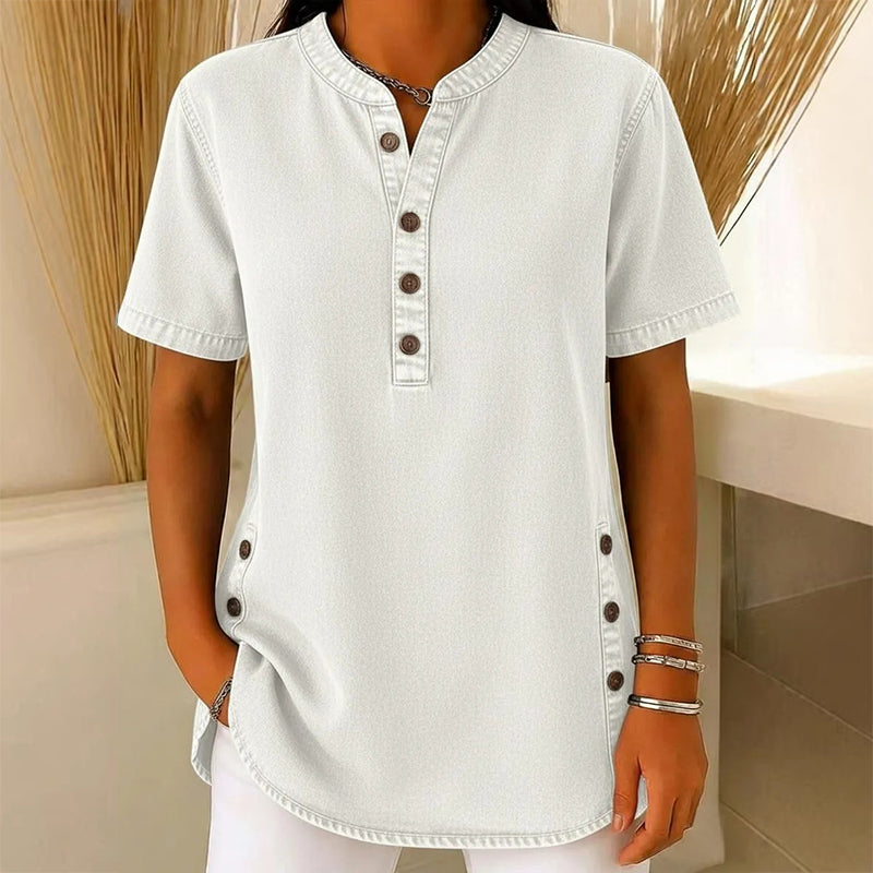 Haut décontracté effet denim femme, manches courtes, respirant, avec boutons décoratifs, coupe fluide👕