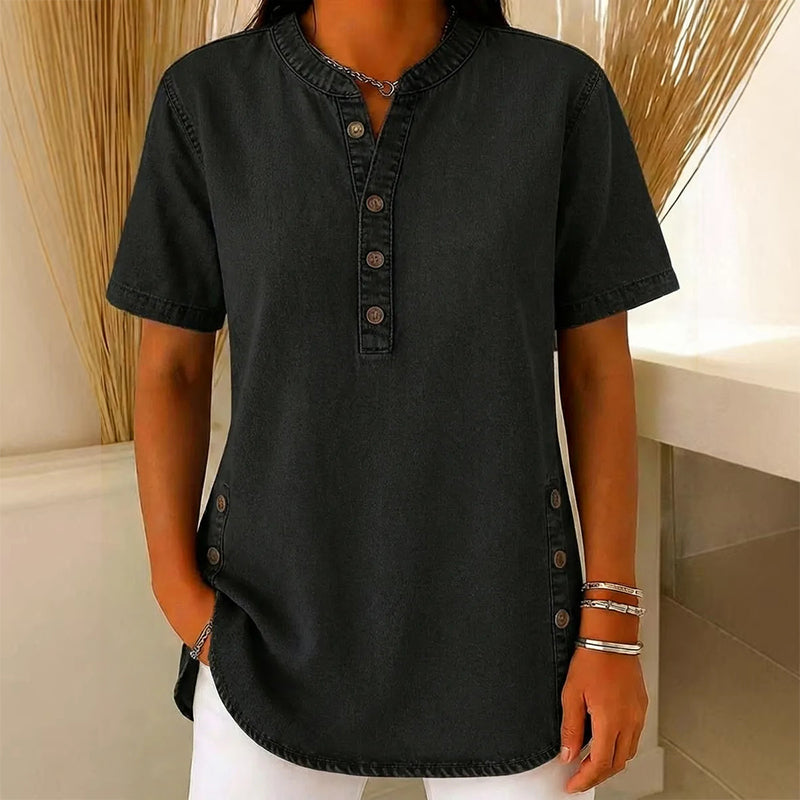 Haut décontracté effet denim femme, manches courtes, respirant, avec boutons décoratifs, coupe fluide👕