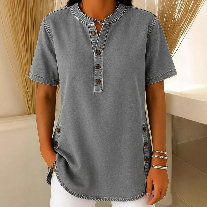 Haut décontracté effet denim femme, manches courtes, respirant, avec boutons décoratifs, coupe fluide👕