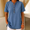Haut décontracté effet denim femme, manches courtes, respirant, avec boutons décoratifs, coupe fluide👕