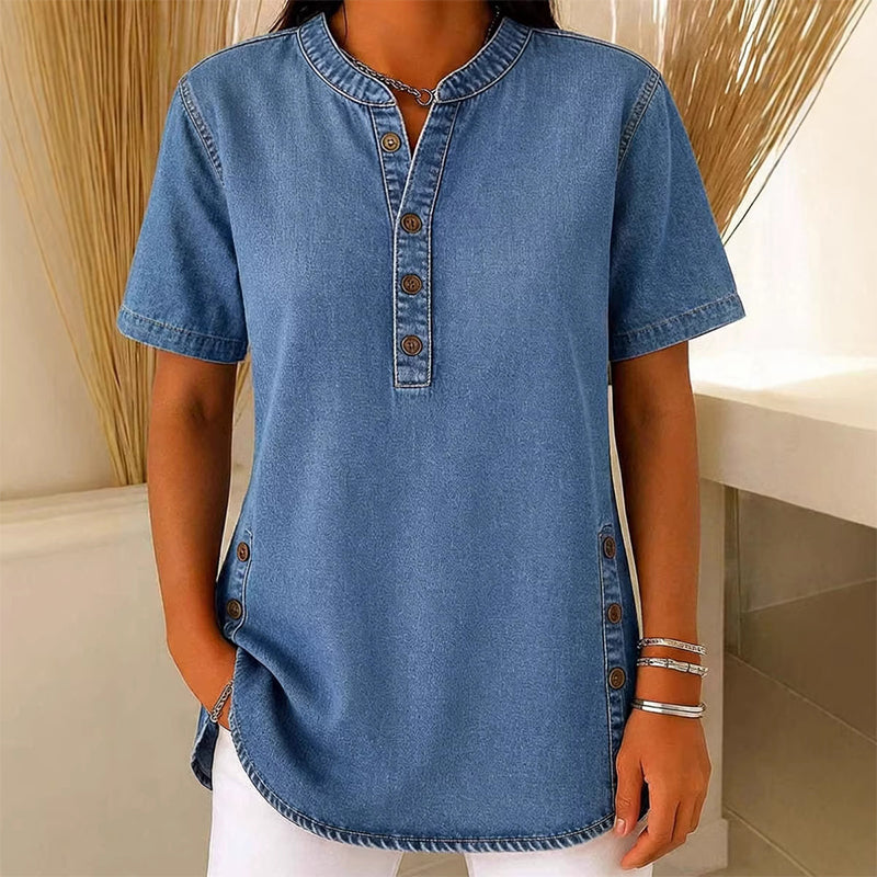 Haut décontracté effet denim femme, manches courtes, respirant, avec boutons décoratifs, coupe fluide👕
