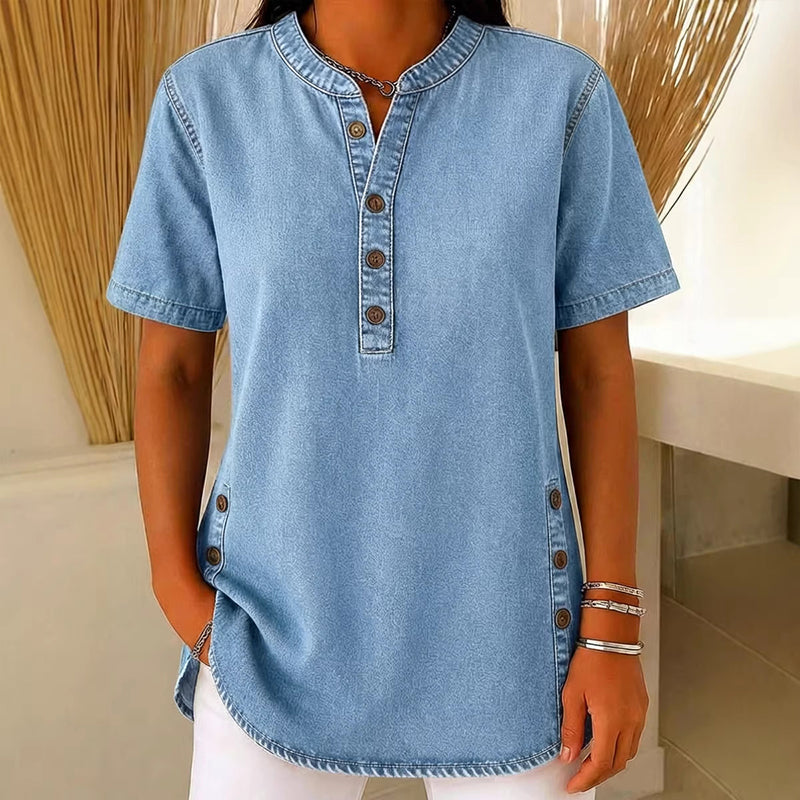Haut décontracté effet denim femme, manches courtes, respirant, avec boutons décoratifs, coupe fluide👕