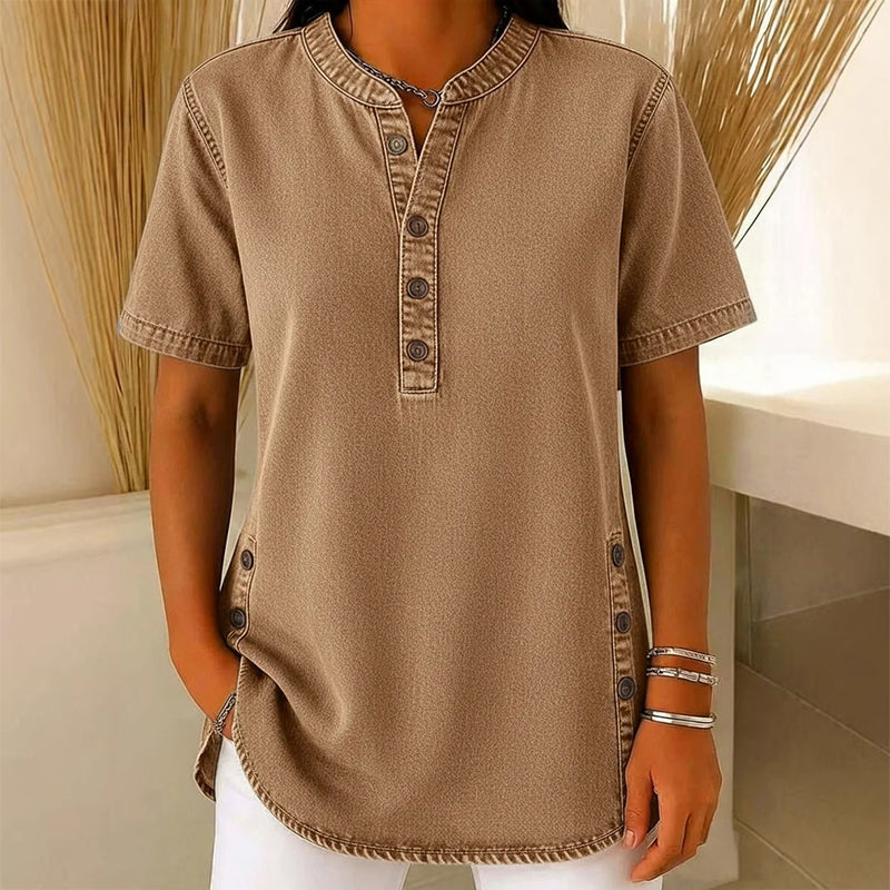 Haut décontracté effet denim femme, manches courtes, respirant, avec boutons décoratifs, coupe fluide👕