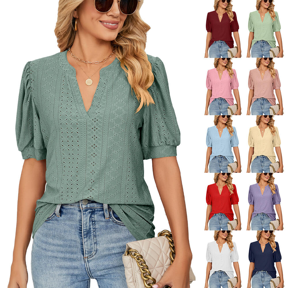 👚 50% DE RÉDUCTION 🌸 Chemise unie à col en V et découpes pour femmes – Tissu léger, design fluide avec détails découpés – parfaite pour un look chic ou décontracté, en été ou au bureau ✨