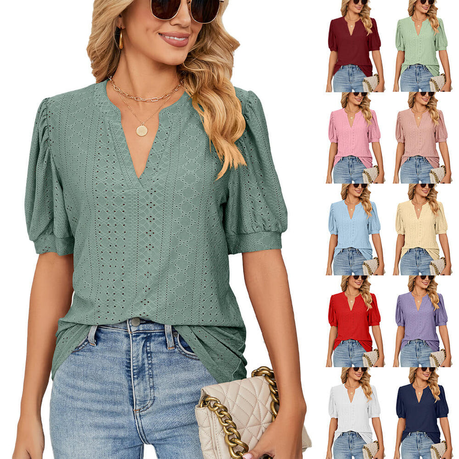 👚 50% DE RÉDUCTION 🌸 Chemise unie à col en V et découpes pour femmes – Tissu léger, design fluide avec détails découpés – parfaite pour un look chic ou décontracté, en été ou au bureau ✨