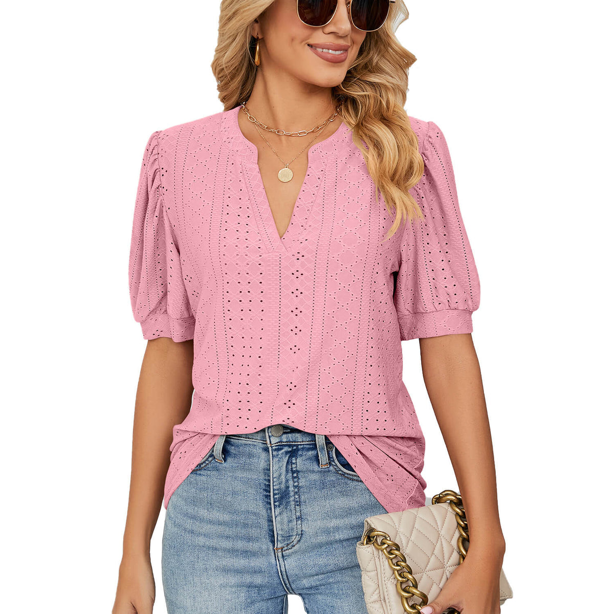 👚 50% DE RÉDUCTION 🌸 Chemise unie à col en V et découpes pour femmes – Tissu léger, design fluide avec détails découpés – parfaite pour un look chic ou décontracté, en été ou au bureau ✨