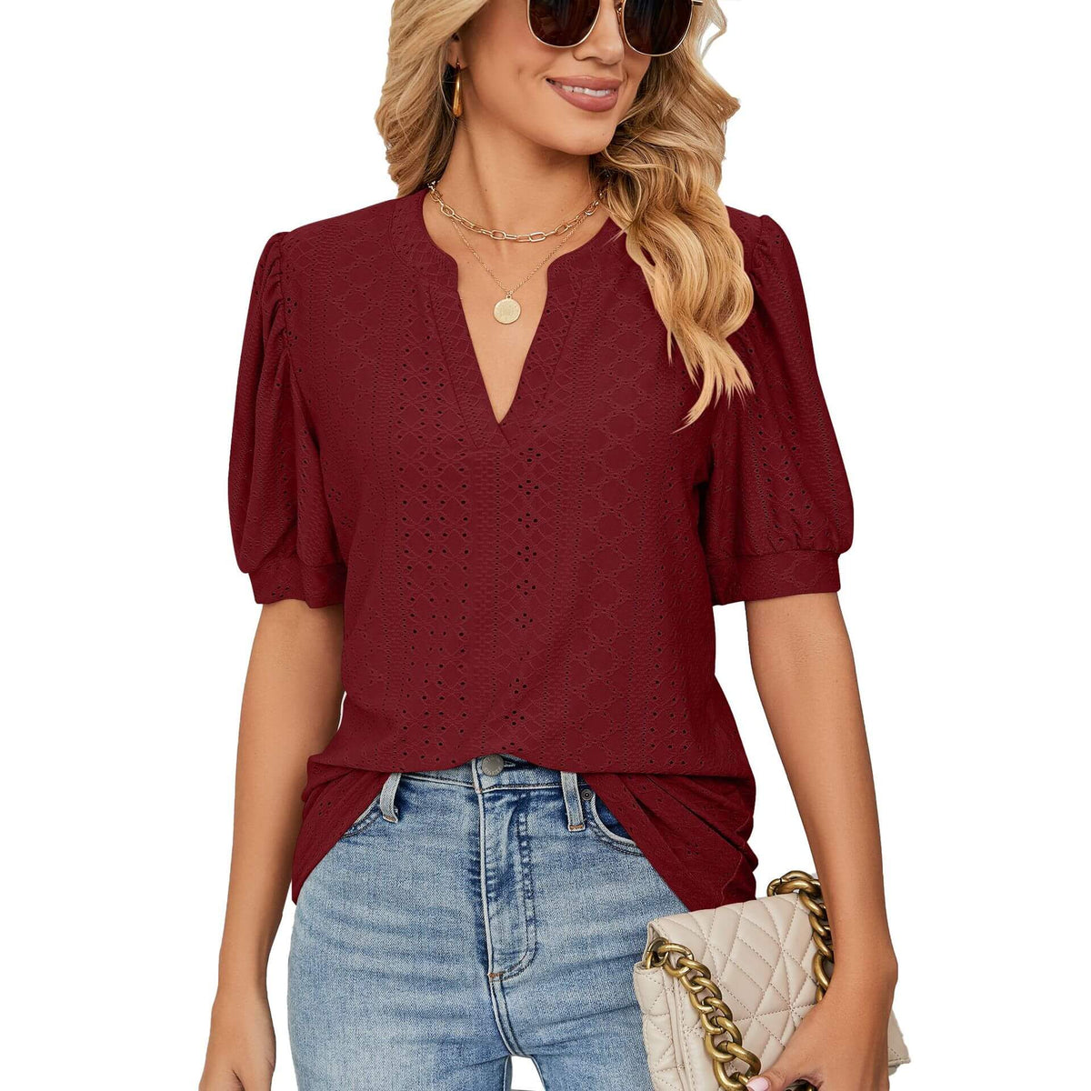 👚 50% DE RÉDUCTION 🌸 Chemise unie à col en V et découpes pour femmes – Tissu léger, design fluide avec détails découpés – parfaite pour un look chic ou décontracté, en été ou au bureau ✨