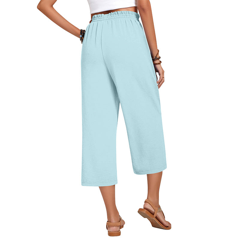 Pantalon capri large en coton et lin pour femme