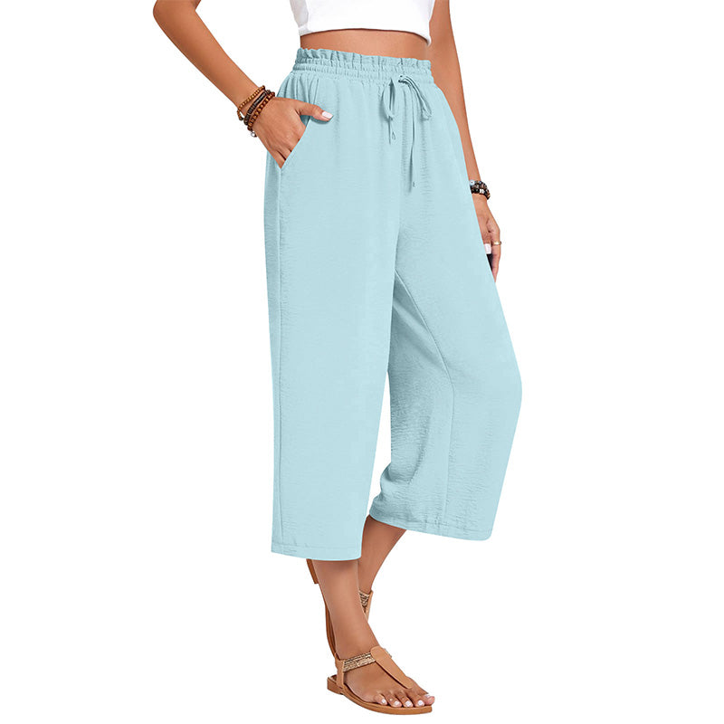 Pantalon capri large en coton et lin pour femme
