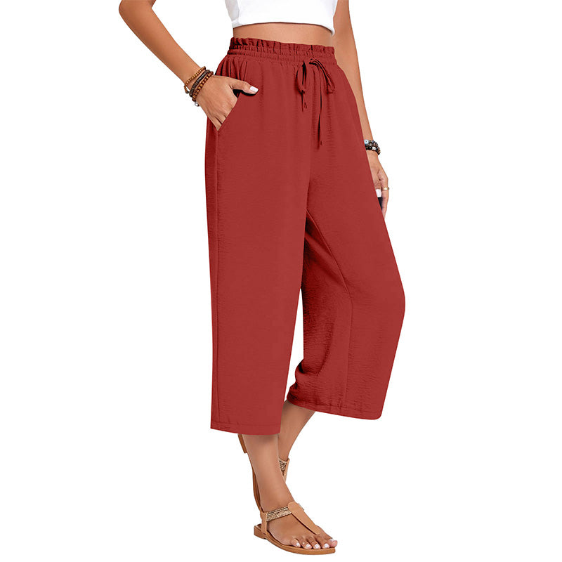 Pantalon capri large en coton et lin pour femme