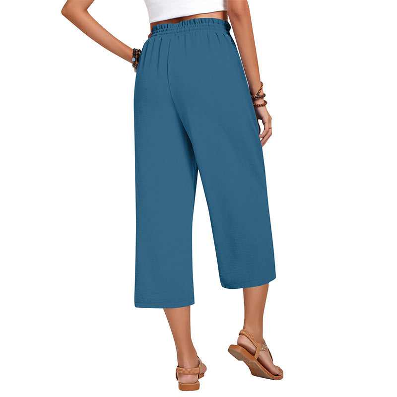 Pantalon capri large en coton et lin pour femme