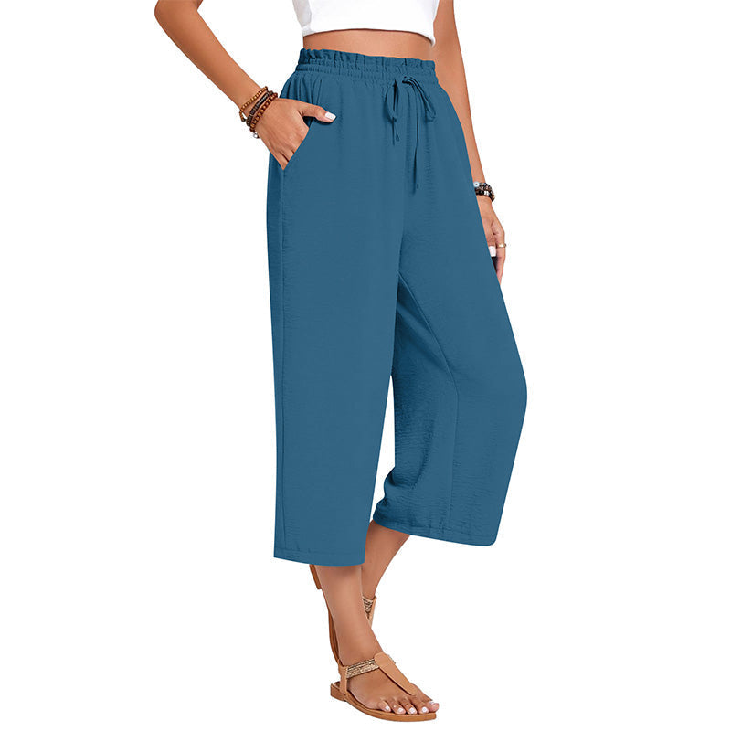 Pantalon capri large en coton et lin pour femme