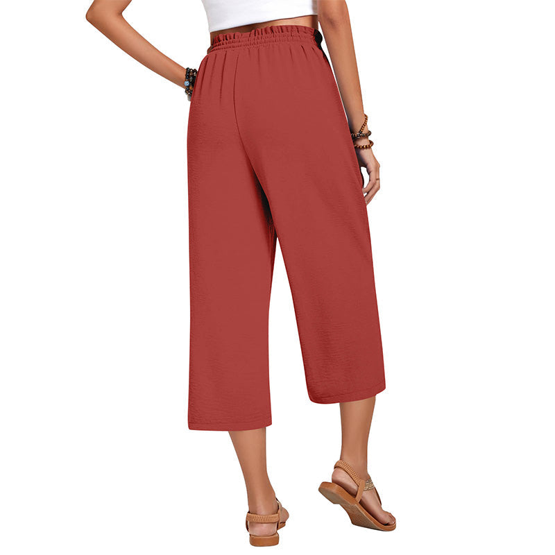 Pantalon capri large en coton et lin pour femme