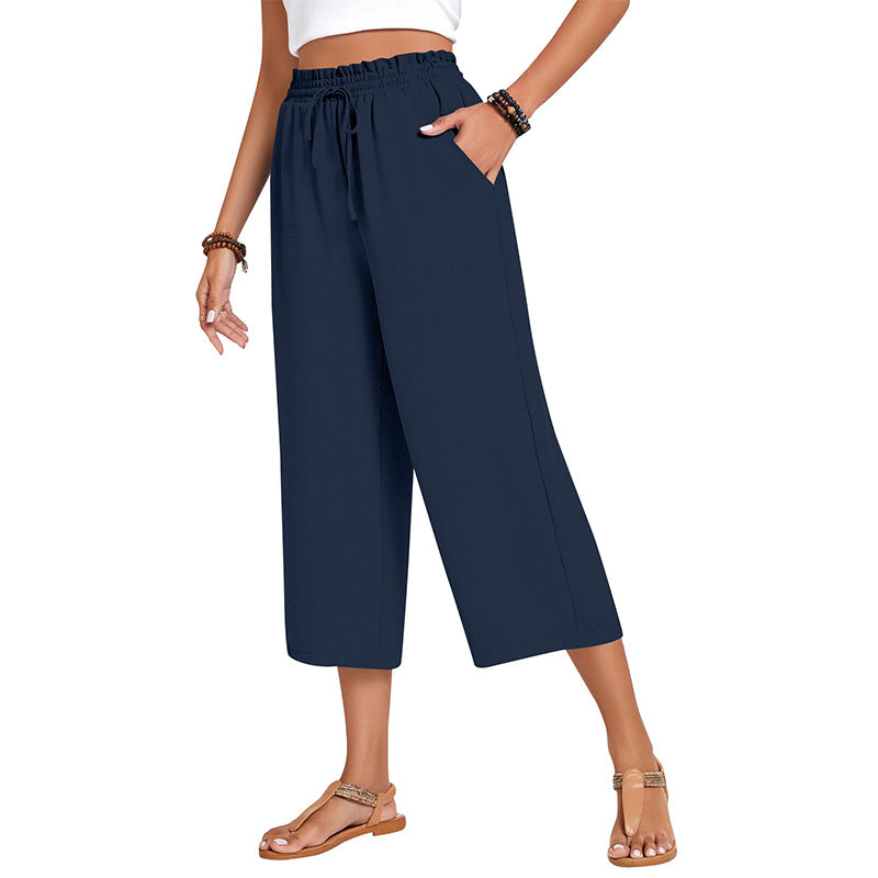 Pantalon capri large en coton et lin pour femme