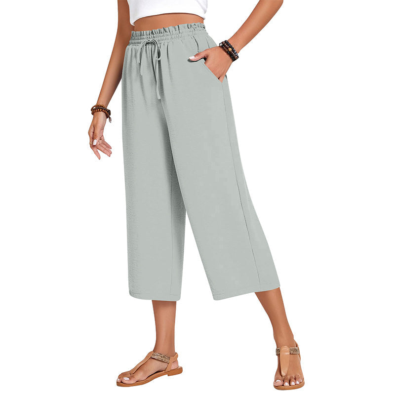 Pantalon capri large en coton et lin pour femme