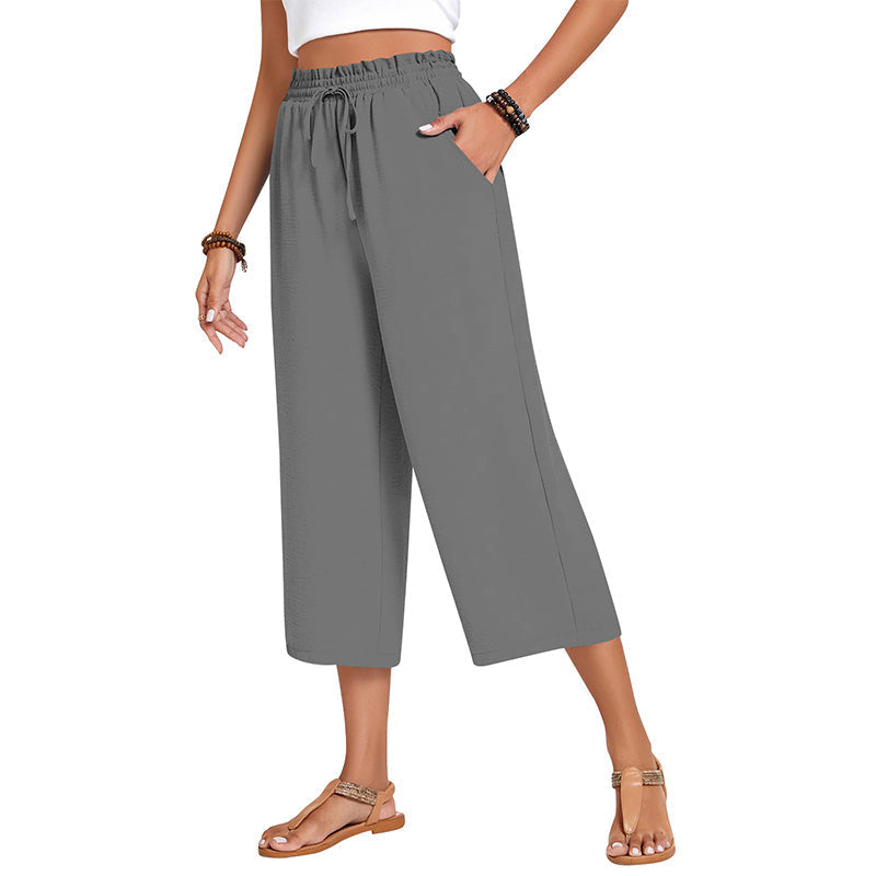 Pantalon capri large en coton et lin pour femme